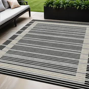 5' X 8' Black And Beige Striped Washable Indoor Outdoor Area Rug