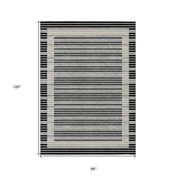 8' X 10' Black And Beige Striped Washable Indoor Outdoor Area Rug