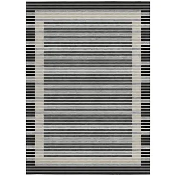 9' X 12' Black And Beige Striped Washable Indoor Outdoor Area Rug