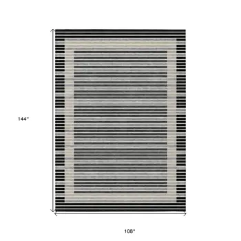 9' X 12' Black And Beige Striped Washable Indoor Outdoor Area Rug