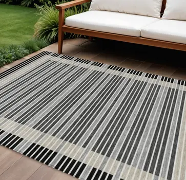9' X 12' Black And Beige Striped Washable Indoor Outdoor Area Rug