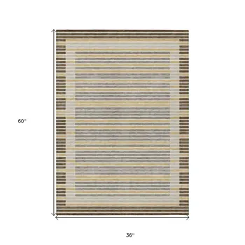3' X 5' Brown And Ivory Striped Washable Indoor Outdoor Area Rug