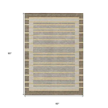5' X 8' Brown And Ivory Striped Washable Indoor Outdoor Area Rug