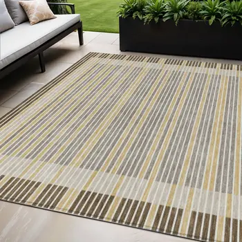 5' X 8' Brown And Ivory Striped Washable Indoor Outdoor Area Rug