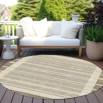 8' Brown And Ivory Round Striped Washable Indoor Outdoor Area Rug