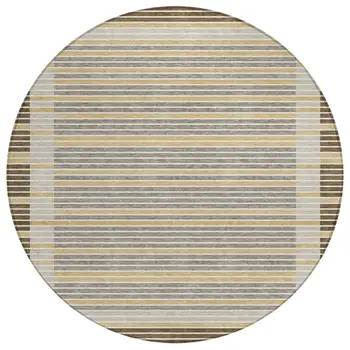 8' Brown And Ivory Round Striped Washable Indoor Outdoor Area Rug