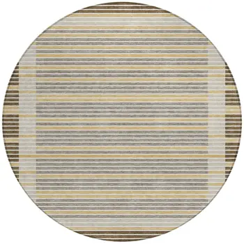8' Brown And Ivory Round Striped Washable Indoor Outdoor Area Rug
