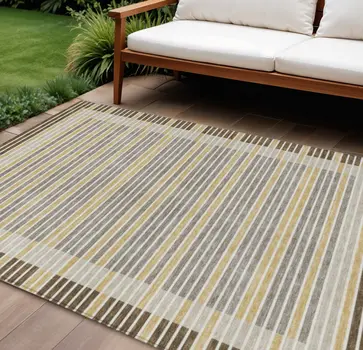 9' X 12' Brown And Ivory Striped Washable Indoor Outdoor Area Rug