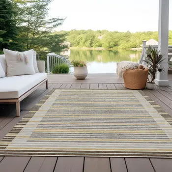 9' X 12' Brown And Ivory Striped Washable Indoor Outdoor Area Rug