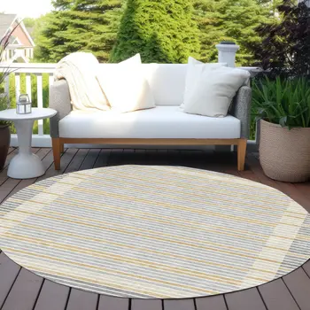 8' Gray And Silver Round Striped Washable Indoor Outdoor Area Rug