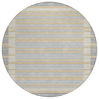 8' Gray And Silver Round Striped Washable Indoor Outdoor Area Rug
