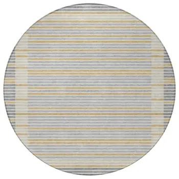 8' Gray And Silver Round Striped Washable Indoor Outdoor Area Rug