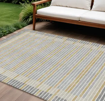 8' X 10' Gray And Silver Striped Washable Indoor Outdoor Area Rug