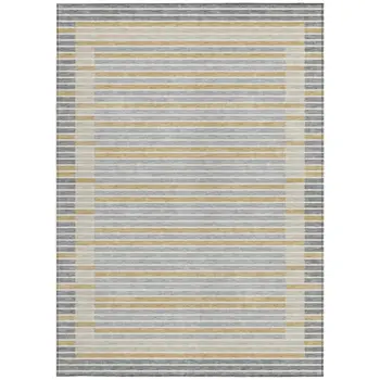 9' X 12' Gray And Silver Striped Washable Indoor Outdoor Area Rug