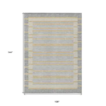 9' X 12' Gray And Silver Striped Washable Indoor Outdoor Area Rug