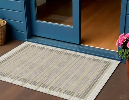 3' X 5' Ivory And Beige Striped Washable Indoor Outdoor Area Rug