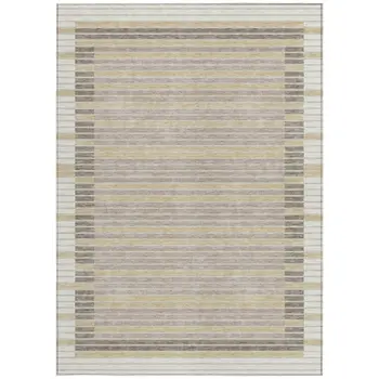 5' X 8' Ivory And Beige Striped Washable Indoor Outdoor Area Rug