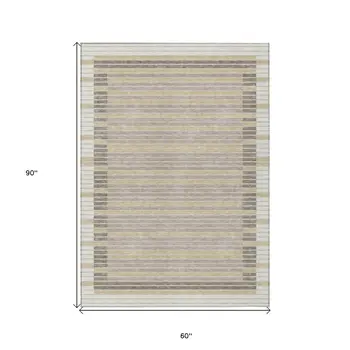 5' X 8' Ivory And Beige Striped Washable Indoor Outdoor Area Rug