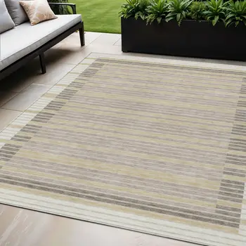 5' X 8' Ivory And Beige Striped Washable Indoor Outdoor Area Rug