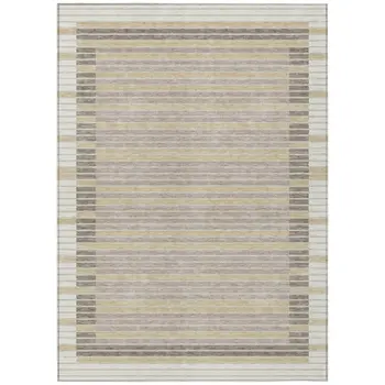 5' X 8' Ivory And Beige Striped Washable Indoor Outdoor Area Rug
