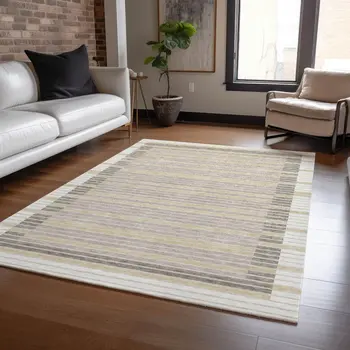 5' X 8' Ivory And Beige Striped Washable Indoor Outdoor Area Rug