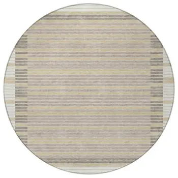 8' Ivory And Beige Round Striped Washable Indoor Outdoor Area Rug