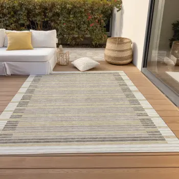 8' X 10' Ivory And Beige Striped Washable Indoor Outdoor Area Rug