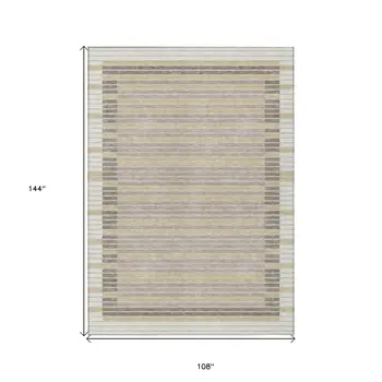 9' X 12' Ivory And Beige Striped Washable Indoor Outdoor Area Rug
