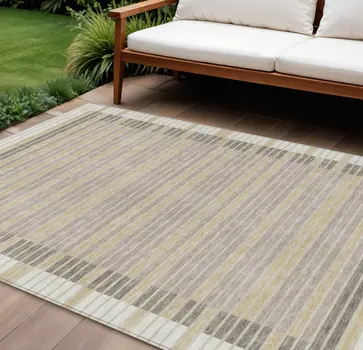 10' X 14' Ivory And Beige Striped Washable Indoor Outdoor Area Rug