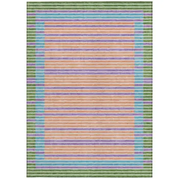 3' X 5' Lime Green And Ivory Striped Washable Indoor Outdoor Area Rug