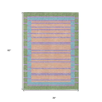 3' X 5' Lime Green And Ivory Striped Washable Indoor Outdoor Area Rug