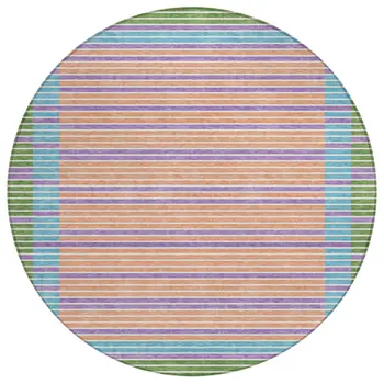 8' Lime Green And Ivory Round Striped Washable Indoor Outdoor Area Rug