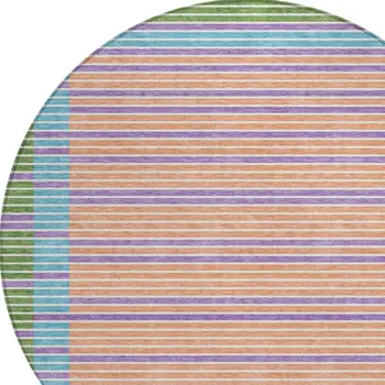 8' Lime Green And Ivory Round Striped Washable Indoor Outdoor Area Rug