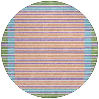 8' Lime Green And Ivory Round Striped Washable Indoor Outdoor Area Rug