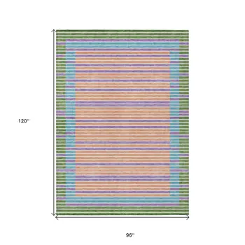 8' X 10' Lime Green And Ivory Striped Washable Indoor Outdoor Area Rug