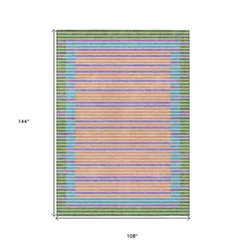 9' X 12' Lime Green And Ivory Striped Washable Indoor Outdoor Area Rug