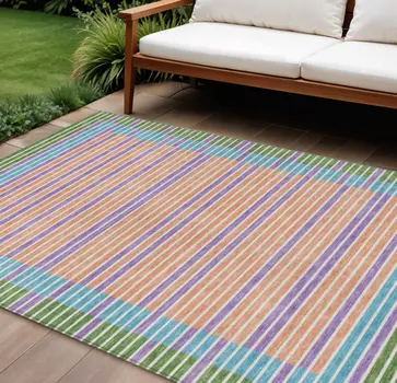 9' X 12' Lime Green And Ivory Striped Washable Indoor Outdoor Area Rug