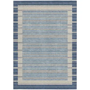 3' X 5' Navy Blue And Denim Blue Striped Washable Indoor Outdoor Area Rug