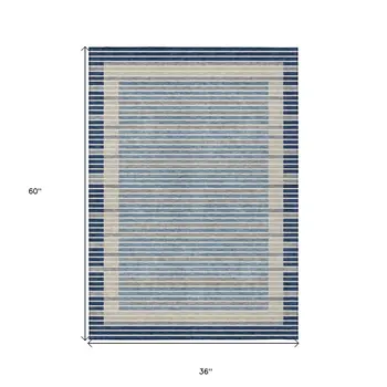 3' X 5' Navy Blue And Denim Blue Striped Washable Indoor Outdoor Area Rug