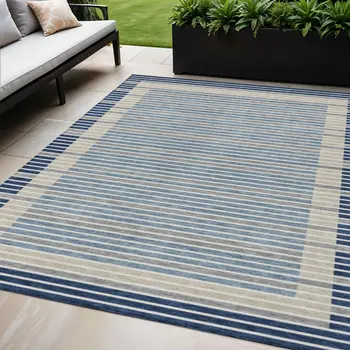 5' X 8' Navy Blue And Denim Blue Striped Washable Indoor Outdoor Area Rug