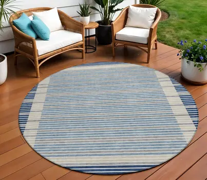 8' Navy Blue And Denim Blue Round Striped Washable Indoor Outdoor Area Rug