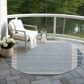 8' Navy Blue And Denim Blue Round Striped Washable Indoor Outdoor Area Rug