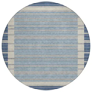8' Navy Blue And Denim Blue Round Striped Washable Indoor Outdoor Area Rug