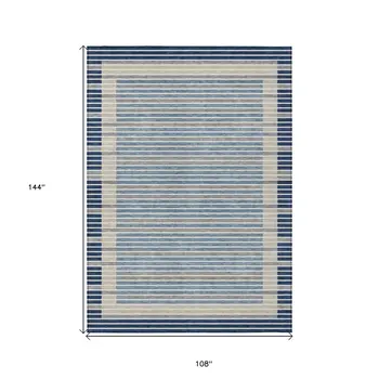 9' X 12' Navy Blue And Denim Blue Striped Washable Indoor Outdoor Area Rug