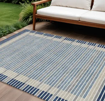 9' X 12' Navy Blue And Denim Blue Striped Washable Indoor Outdoor Area Rug