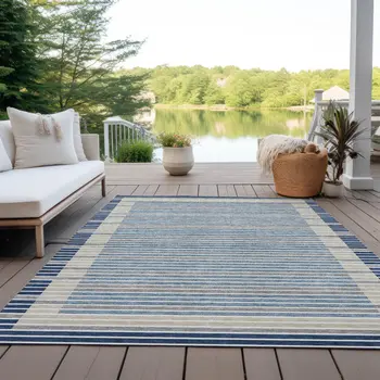 9' X 12' Navy Blue And Denim Blue Striped Washable Indoor Outdoor Area Rug