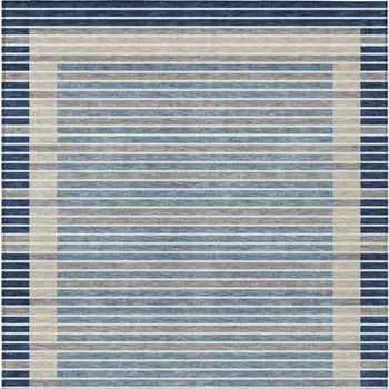 9' X 12' Navy Blue And Denim Blue Striped Washable Indoor Outdoor Area Rug