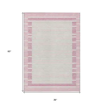 3' X 5' Pink And Ivory Striped Washable Indoor Outdoor Area Rug