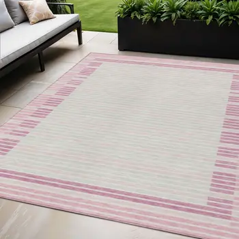 5' X 8' Pink And Ivory Striped Washable Indoor Outdoor Area Rug