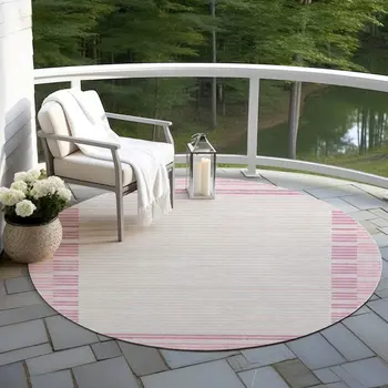 8' Pink And Ivory Round Striped Washable Indoor Outdoor Area Rug